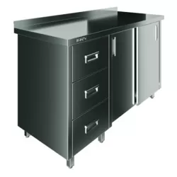 Стол производственный закрытый Restoinox 1200х600х850 нерж. cталь AISI 430, 3 ящика (слева), двери купе, борт