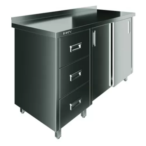 Стол производственный закрытый Restoinox 1200х700х850 нерж. cталь AISI 430, 3 ящика (слева), двери купе, борт